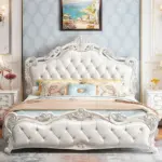 Modern queen storage platform bed with upholstered headboard