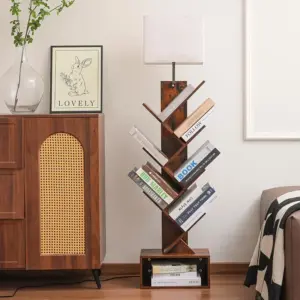 Vintage wood shelf floor lamp with storage display shelves for living room